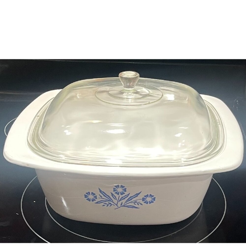 4-quart Corning Ware Blue Cornflower Enamel Dutch Oven Clear Pyrex Lid Vintage